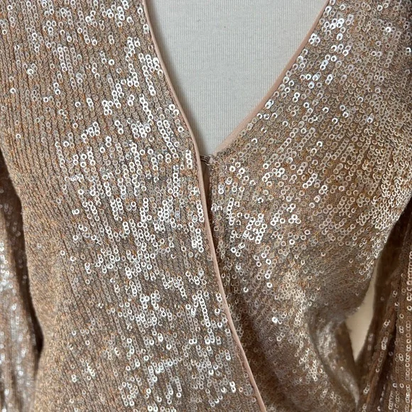 Jonathan Simkhai Sequin Metallic Long Sleeve Tie Neck Champagne Glam Bodysuit XS - Picture 6 of 9